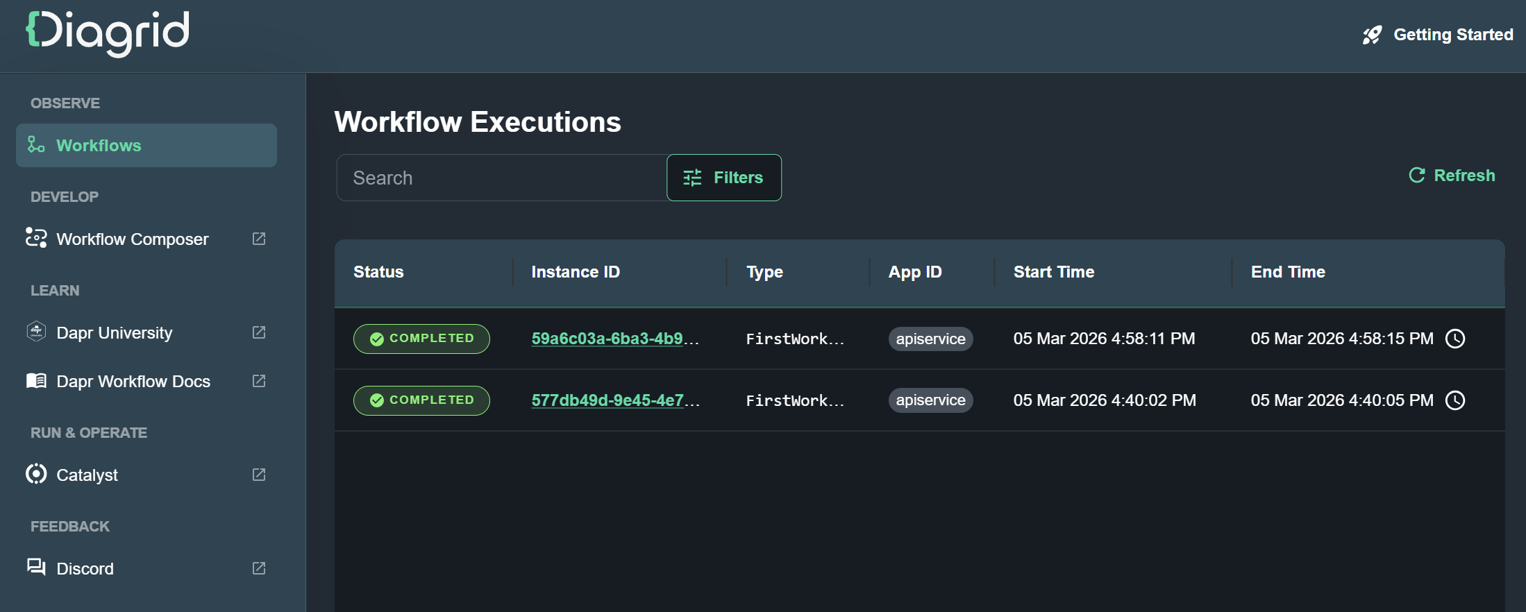 Diagrid Dev Dashboard
