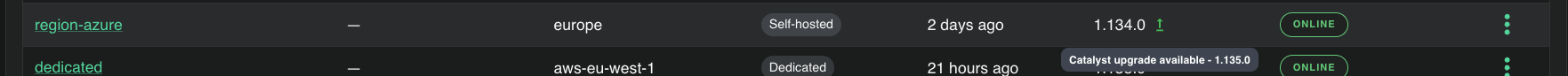 Regions list with a self-hosted region on 1.134.0 and a green arrow next to the version, whose tooltip reads "Catalyst upgrade available - 1.135.0"