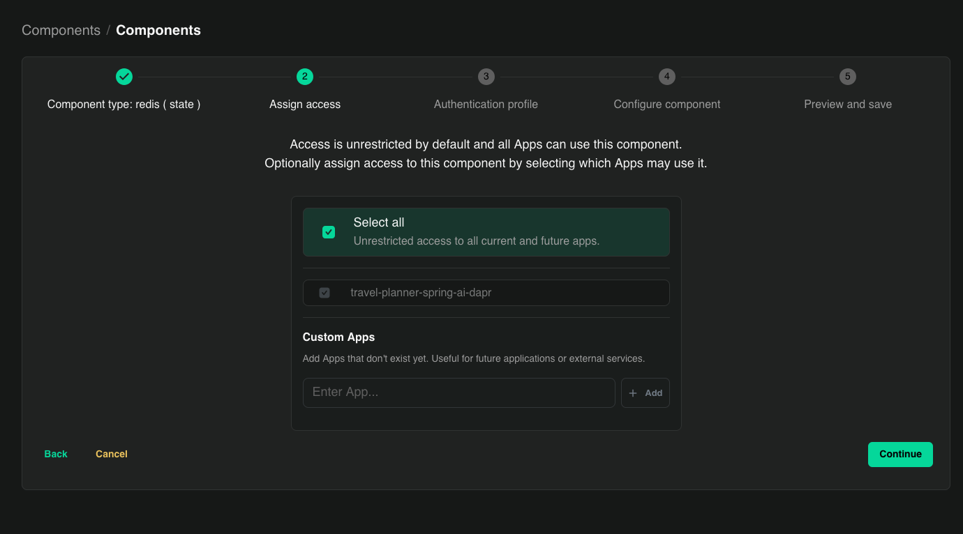 Assign access step scoping the component to selected apps