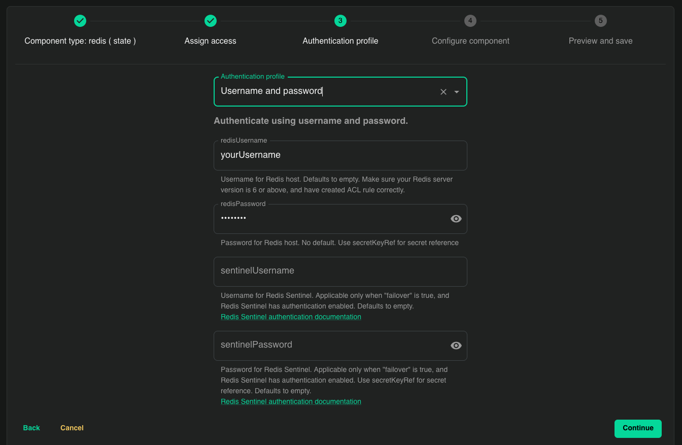 Authentication profile step with the Redis username and password fields