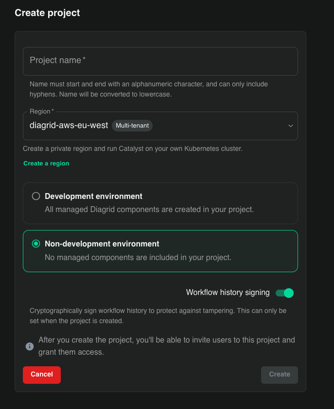 Create project dialog selecting Non-development environment with the Workflow history signing toggle