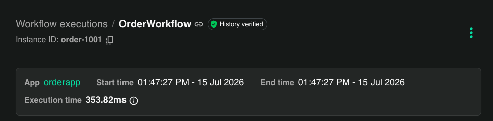 Workflow execution header showing the History verified badge